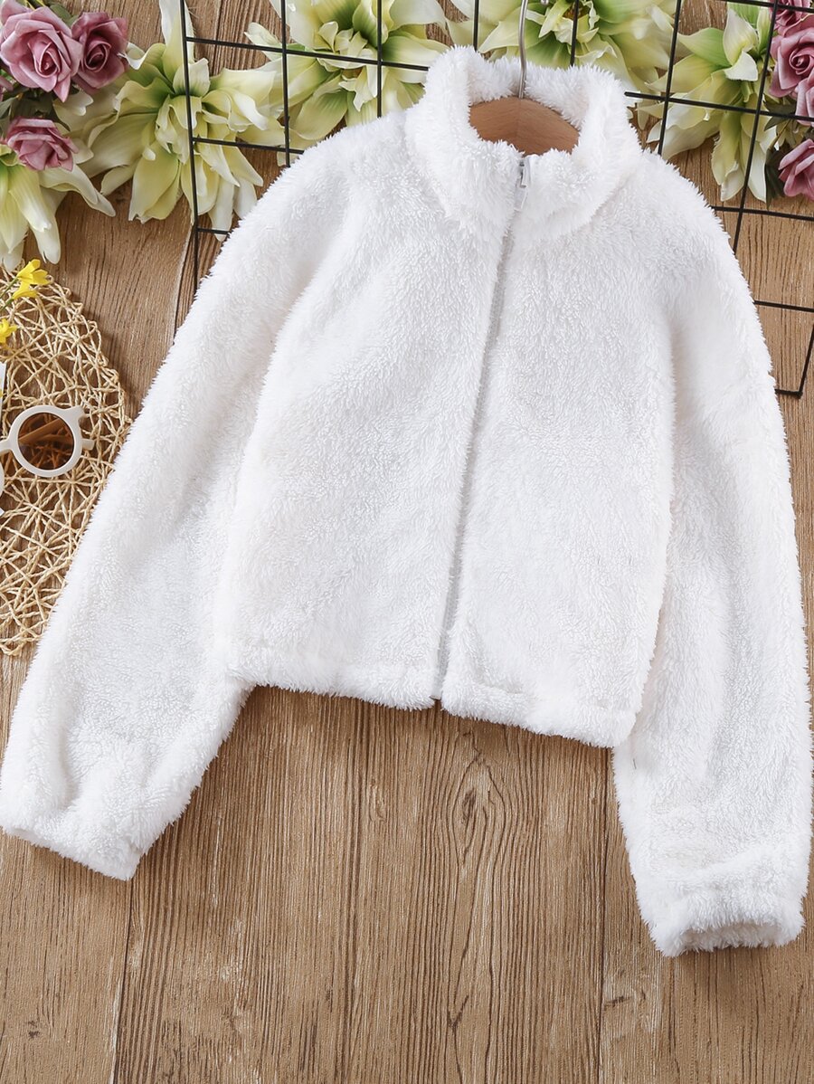 SHEIN Girls Drop Shoulder Flannel Jacket - White - View 1