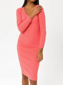 EURMUSE V Neck Rib Knit Jumper Dress - Watermelon Pink - View 4
