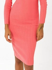 EURMUSE V Neck Rib Knit Jumper Dress - Watermelon Pink - View 5