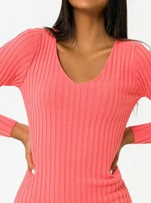 EURMUSE V Neck Rib Knit Jumper Dress - Watermelon Pink - View 7