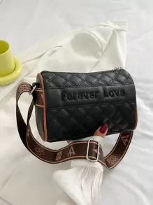 Letter Embroidered Quilted Contrast Piping Bucket Bag - Black - View 7