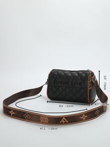 Letter Embroidered Quilted Contrast Piping Bucket Bag - Black - View 4