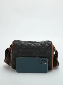 Letter Embroidered Quilted Contrast Piping Bucket Bag - Black - View 6