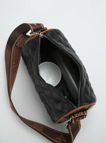 Letter Embroidered Quilted Contrast Piping Bucket Bag - Black - View 3