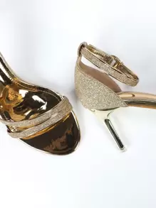 春夏香槟色金属亮片细带凉鞋，时尚踝带高跟鞋，适合派对和宴会 - 香檳色 - 查看 8