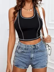 EURMUSE Top-stitching Backless Halter Top - Black - View 1