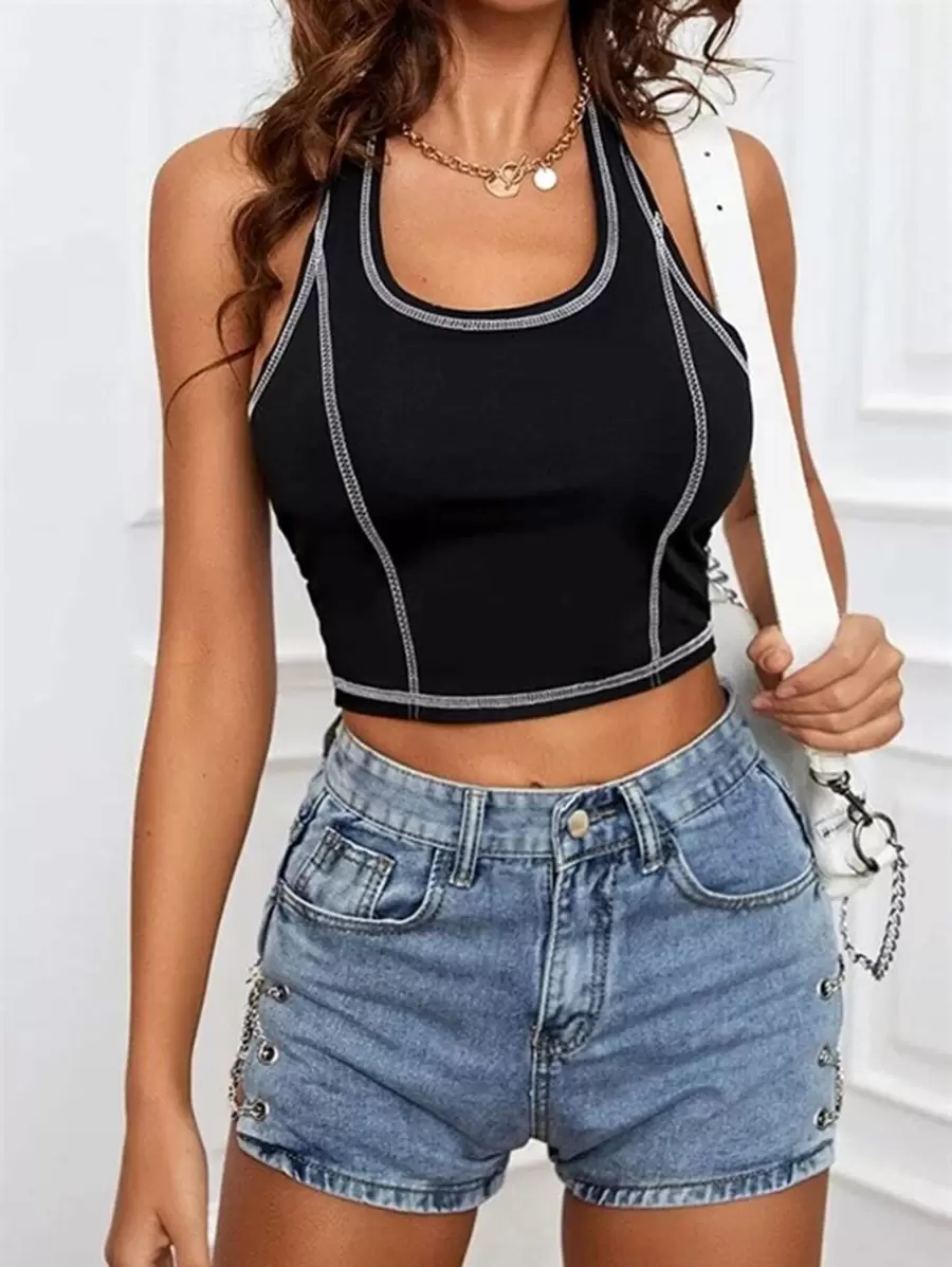 EURMUSE Top-stitching Backless Halter Top - Black - View 1