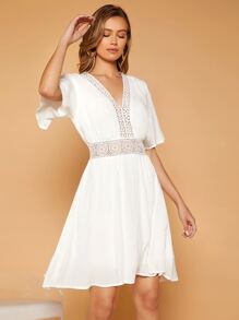 SHEIN VCAY 水溶蕾絲拼接A字連衣裙 - 白色 - 查看 4