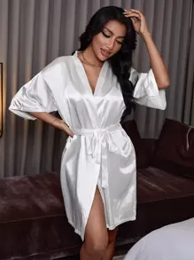 纯色缎面系带睡袍，奢华休闲服饰，秋冬款 - 白色 - 查看 6