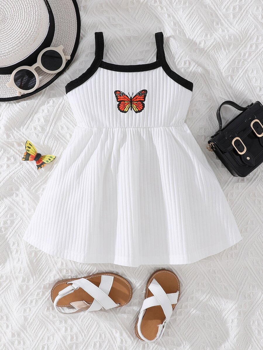 SHEIN Playful Pals Baby Girl Butterfly Print Contrast Binding Cami Dress - White - View 1