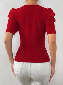 SHEIN Privé Surplice Neck Puff Sleeve Tee - Burgundy - View 2