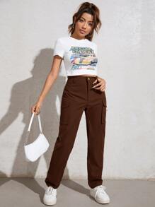 SHEIN EZwear High Waisted Flap Pocket Zip Fly Cargo Pants - Chocolate Brown - View 3