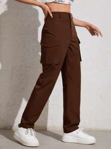 SHEIN EZwear High Waisted Flap Pocket Zip Fly Cargo Pants - Chocolate Brown - View 4