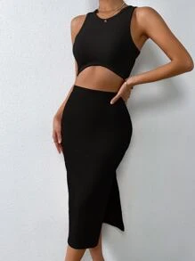 Zolique Tank Top & Split Thigh Skirt - Black - View 1