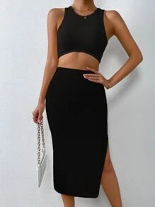 Zolique Tank Top & Split Thigh Skirt - Black - View 5
