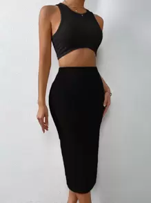 Zolique Tank Top & Split Thigh Skirt - Black - View 6