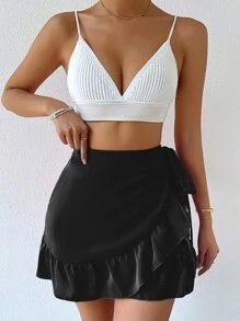 Chiquease A-Line Skirt For Casual Commuting. Adjustable Waist Tie. Ruffled Hem For A Soft Touch. Crisp, Stylish Fabric. A-Line Hem For A Flattering, Hip-Hugging Look. Pair With A Camisole For A Stylish Commute Or A T-Shirt For A Casual, Effortless Look. - Black - View 6