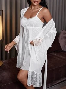 Contrast Lace Flounce Sleeve Belted Sleep Robe & Bow Cami Nightdress - White - View 2