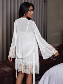 Contrast Lace Flounce Sleeve Belted Sleep Robe & Bow Cami Nightdress - White - View 3