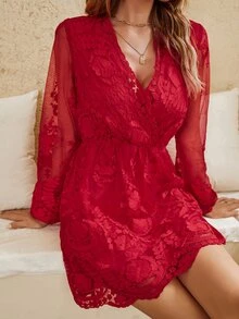 Eilly Bazar Đầm Nghề thêu cắt Trọn gói màu trơn Thanh lịch - Màu Đỏ Sâu - Xem 5