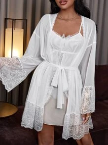Contrast Lace Flounce Sleeve Belted Sleep Robe & Bow Cami Nightdress - White - View 1