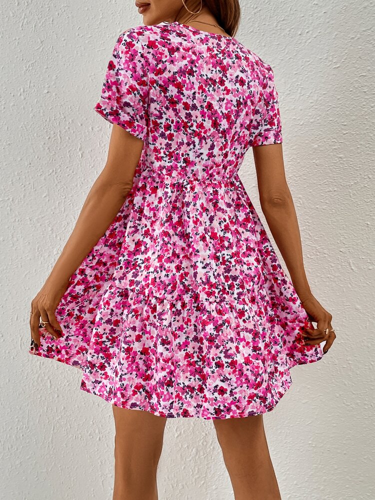 Ditsy Floral Print V Neck Dress Summer Vacation Flower Beach