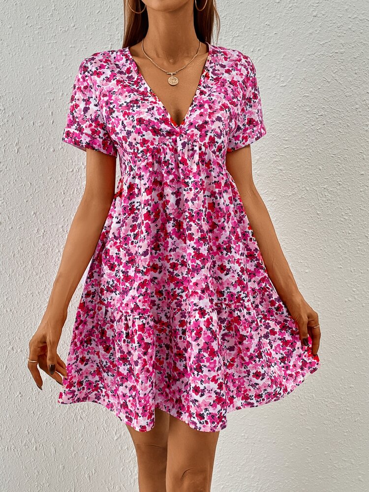 Ditsy Floral Print V Neck Dress Summer Vacation Flower Beach