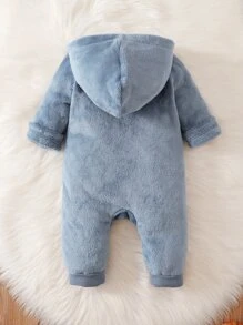 Baby Boy Cartoon Embroidery Zipper Hooded Flannel Jumpsuit - Dusty Blue - View 2