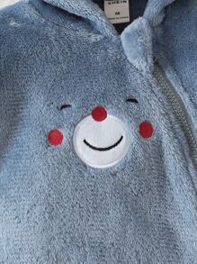 Baby Boy Cartoon Embroidery Zipper Hooded Flannel Jumpsuit - Dusty Blue - View 3