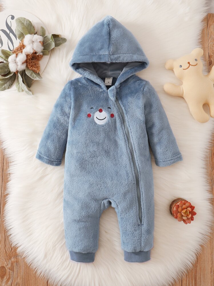 Baby Boy Cartoon Embroidery Zipper Hooded Flannel Jumpsuit - Dusty Blue - View 4