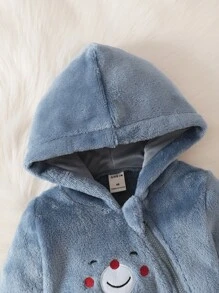 Baby Boy Cartoon Embroidery Zipper Hooded Flannel Jumpsuit - Dusty Blue - View 6