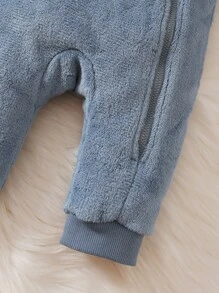 Baby Boy Cartoon Embroidery Zipper Hooded Flannel Jumpsuit - Dusty Blue - View 7