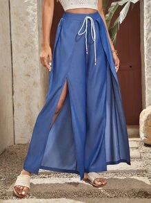 Quần nữ Dây kéo Tách cao màu trơn Boho - Màu xanh lam - Xem 3