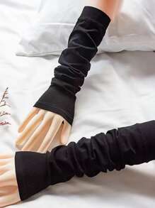 Women Solid Color Sun Block Fingerless Wrist Length Driving GlovesCold Gloves - Black - View 3