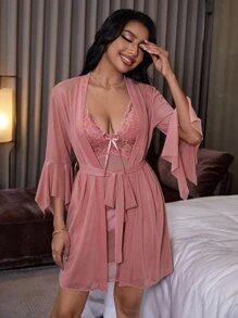 荷叶袖系带睡袍和蕾丝拼接蝴蝶结吊带睡裙睡衣套装 - 藕粉色 - 查看 4