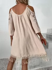 Breezaya Contrast Guipure Lace Cold Shoulder Dress Vacation Beach Outfits Women - Beige - View 2