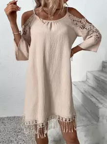 Breezaya Contrast Guipure Lace Cold Shoulder Dress Vacation Beach Outfits Women - Beige - View 4