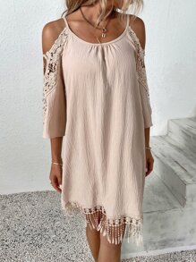 Breezaya Contrast Guipure Lace Cold Shoulder Dress Vacation Beach Outfits Women - Beige - View 5