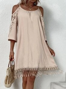 Breezaya Contrast Guipure Lace Cold Shoulder Dress Vacation Beach Outfits Women - Beige - View 6