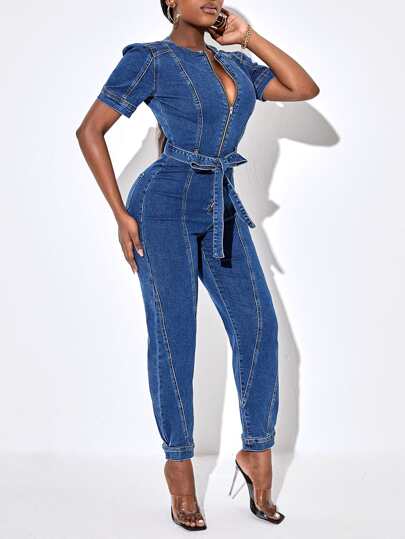 SHEIN SXY パフスリーブ ジップフロント ベルト デニム ジャンプ