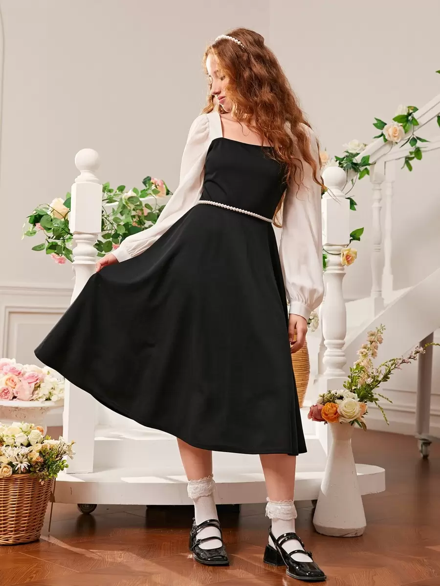 SHEIN 青少年女孩雙色燈籠袖洋裝不附腰帶 - 黑色 - 查看 1