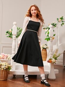 SHEIN 青少年女孩雙色燈籠袖洋裝不附腰帶 - 黑色 - 查看 3