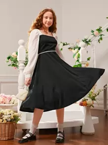 SHEIN 青少年女孩雙色燈籠袖洋裝不附腰帶 - 黑色 - 查看 2