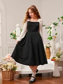 SHEIN 青少年女孩雙色燈籠袖洋裝不附腰帶 - 黑色 - 查看 5