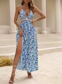 Breezaya Allover Floral Print Backless Knot Halter Neck Slit Thigh Dress Maxi Vacation Beach Outfits Women - Blue and White - View 3