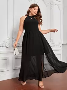 SHEIN Belle Plus Solid Cut Out Detail Mesh Halter Dress - Black - View 1