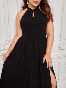 SHEIN Belle Plus Solid Cut Out Detail Mesh Halter Dress - Black - View 3