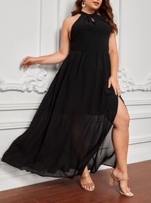 SHEIN Belle Plus Solid Cut Out Detail Mesh Halter Dress - Black - View 5