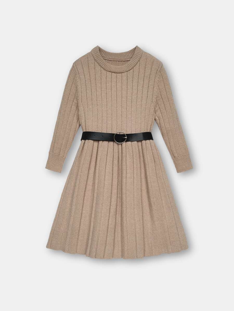 小女童條紋針織百褶毛衣洋裝不附腰帶