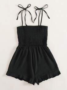 Trelyra 打結細節打褶荷葉邊吊帶連體短褲 - 黑色 - 查看 2